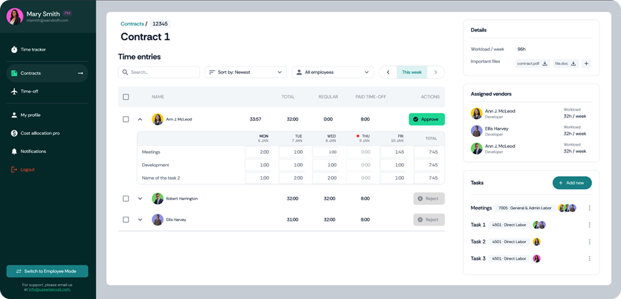 WiseCost — Contract 1, time entries y panel de detalle