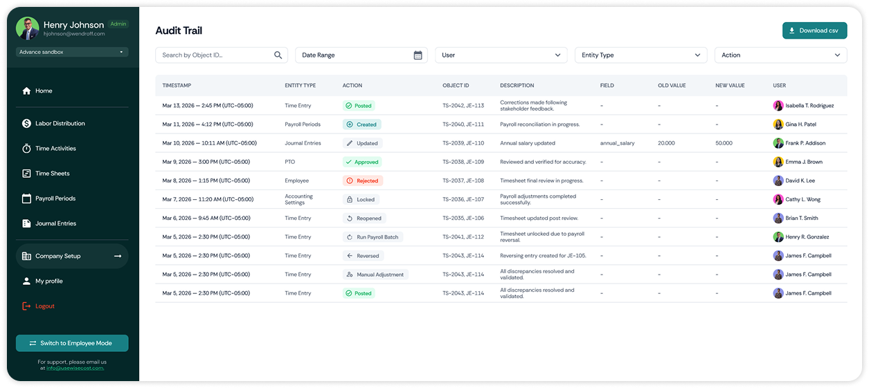 WiseCost — Audit Trail, filtros y tabla de eventos